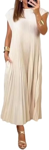 Beautyhis Robe plissée simple de couleur unie pour femme, robe longue plissée, col rond, robe longue d'été ample, beige, L