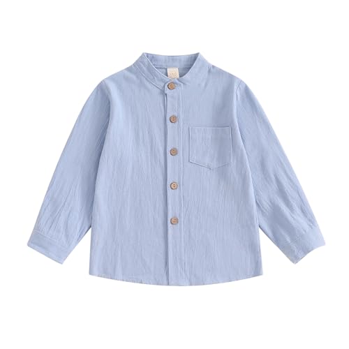 Kids Little Boy Cotton Linen Shirt Button Down Long Sleeve Henley Shirts Boys Dress Shirts with One Pocket