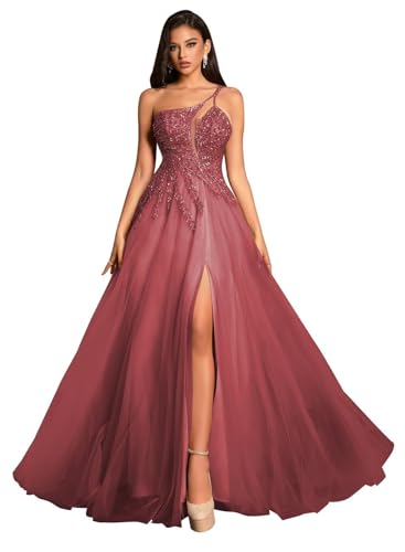 Tulle Mulberry Prom Dresses with Slit Spaghetti Straps Asymmetric Neck