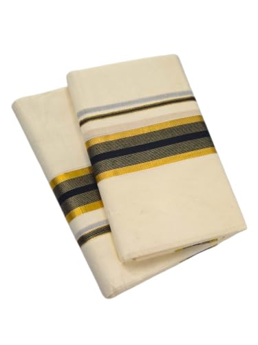 Image of Womens Kuthampully Set Mundu With Golden & Stripes Kara