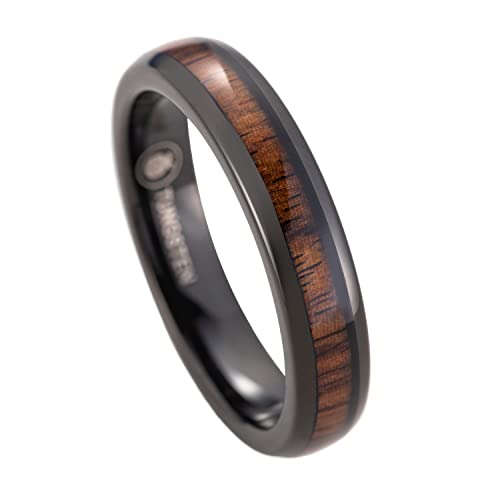 Tungsten Carbide Genuine Natural Hawaiian Koa Wood Tree Inlay Comfort Fit Ring 8mm 6mm 4mm Wedding Band Dome Style Scratch Resistant Weighted Hypoallergenic High Polished Finish with Gift Box Included