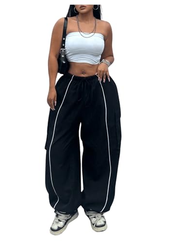 GORGLITTER Women's Plus Size Flap Pocket Cargo Pants Drawstring High Waisted Baggy Parachute Pants