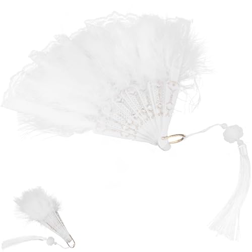 UKCOCO Abanico de Mano Vintage de Encaje Color Marfil Plumas Dobles, Abanico Plegable Borla Decorativa para Cosplay, Bodas y Fiestas, Ventilador Portátil y Ligero para Verano