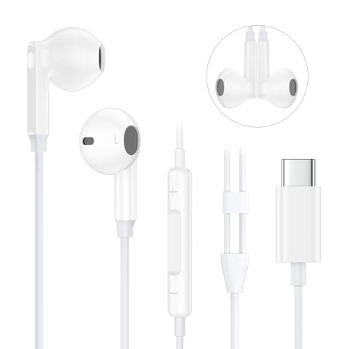 Fones de ouvido USB C para iPhone 17/Air/17 Pro/17 Pro Max/16e/16/16 Pro/16 Pro Max/16 Plus/15/15 Pro/15 Pro Max com microfone e controle de volume HiFi estéreo, fones de ouvido com fio tipo C
