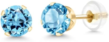 Gem Stone King 2.00 Ct Round 6mm Swiss Blue Topaz 14K Yellow Gold Stud Earrings