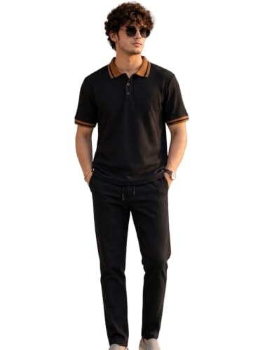 Image of AUSK Men's Polo Neck Cotton Blend Co-Ord Set | Regular Fit Half Sleeve T-Shirt with Matching Track Pant | Modern Casual Wear Co Ord Set for Men