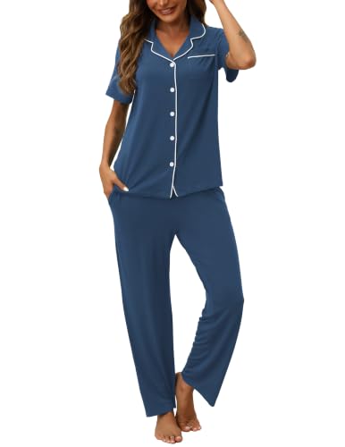 Image of HNG Women Pajamas Set 2 Piece Button Up Pajamas Pant and Short Sleeve Shirt for Woman Pj Sets with Pocket