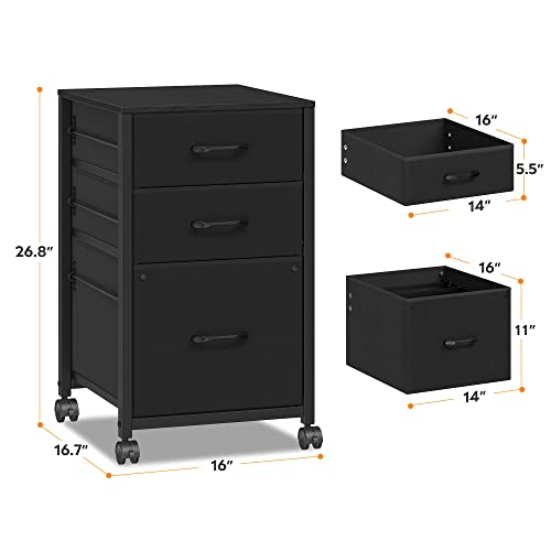 Raybee 3 Drawer File Cabinets For Home Office Small Rolling Filing Cabinets With Wheels Fits A4, Letter,Legal Size Office Fabric Vertical Filing Cabinets 16.7" D*16" W*26.8" H Black #TOP1