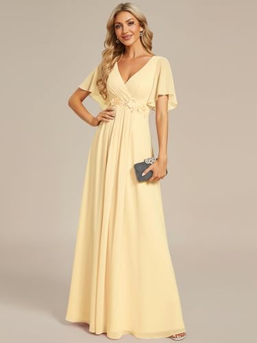 Image of Ever-Pretty Women's Spring Short Sleeve Bridesmaid Dresses V-Neck Chiffon Ruched Empire Waist Appliques Long Formal Dress