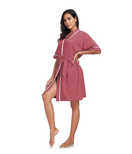 Image of ANLIQI Womens 100% Cotton Robes Lightweight Summer Short Sleeve Lady Bathrobe Knee Length Kimono Robe Sleepwear with Pockets