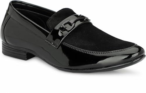 Image of Men's Black Patent Finish Formal Loafers | Stylish Slip-On Shoes for Men | Velvet & Glossy Designer Moccasins
