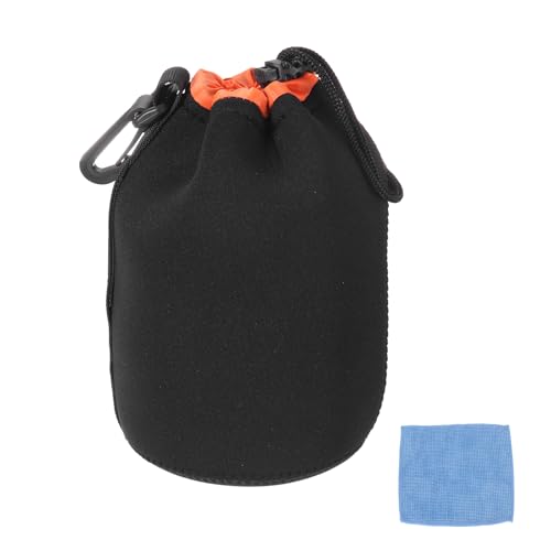 PATIKIL Camera Lens Pouch, 4\" ID x 6\" H Drawstring Plush Lens Pouch Protective Camera Lens Case Bag Soft Plush Neoprene Bag for DSLR Photography Gear, Black/Orange