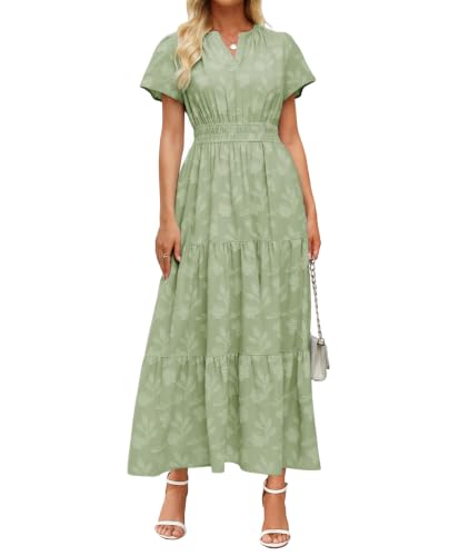 Image of Women's Maxi Dresses Boho Burnout V Neck Short Puff Sleeve Smocked Empire Waist Long Wedding Guest Semi Formal Dress Pockets