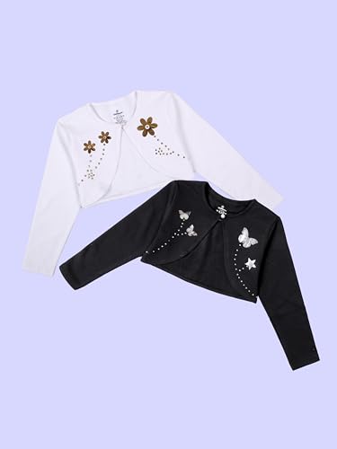 Image of KiddoPanti Girls Fleece Crop Length Shrug | Cotton Poly Fleece Fabric |Sequin Patch on Chest | Front Open Pearl Button Closure | Crop Length, Full Sleeve | Lightweigth & Breathable Girls Shrug