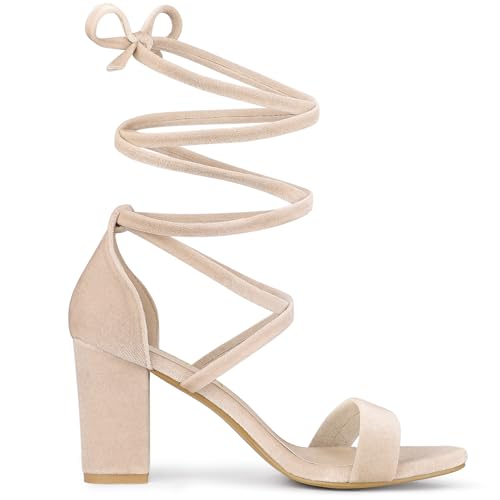 Allegra K Allegra K Women's Faux Velvet Lace Up Chunky Beige Heel Strappy Sandals 6.5 M US
