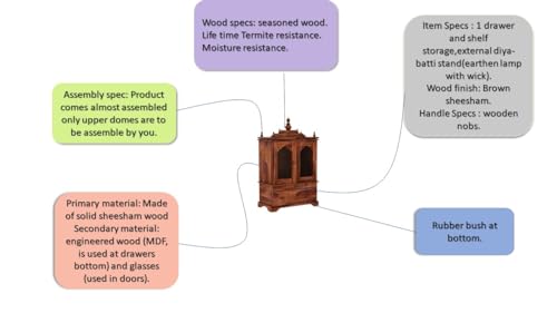 G Fine Furniture 2.9 Feet Wooden Temple for Home | Pooja Mandir, Puja Ghar Mandap with 1 Drawer Storage, 2 Glass Door Cabinet & Dhoop Batti Slider Stand, Solid Wood Sheesham, Teak