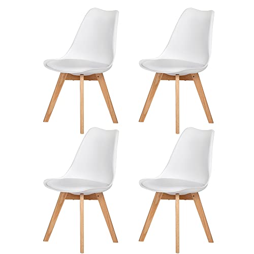 H.J WeDoo Pack de 4 Retro Sillas de Comedor Silla escandinava, Sillas Estilo nordico con Las piernas de Madera de Roble Maciza - Blanco