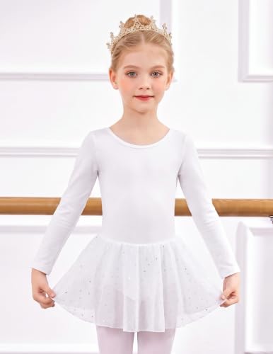 Image of Arshiner Girls Long Sleeve Ballet Leotards Shiny Criss-Cross Back Dress