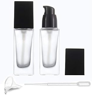 2 Pack 30ml/1 Oz Frosted Glass Foundation Bottle,Empty Refillable Square Lotion Bottle With Press Pump for Lotion Liquid Body Cream Cosmetic Travel Foundation Samples Vials-Pipette&Funnel Included