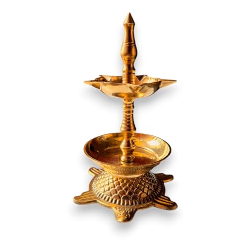 Image of Kerala Brass Tortoise Panchmukhi Good Luck Diya with Flower Holder | Small Size Kachua Kuthu Vilakku for Home, Office & Gifting | Length : 5.5 inches, Weight : 250 Grams