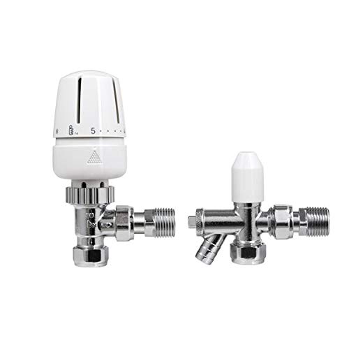 1 x TRV Thermostatic Radiator Valve and Lockshield & Drain Off Point Valve Pack - 15mm x 1/2 Angled Body White Head