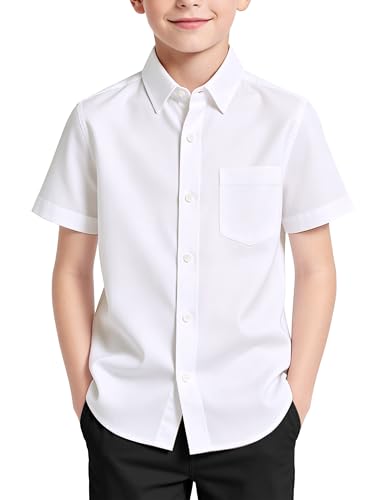 Boys Dress Shirts White Short Sleeve Boys Button Down Shirt Size 8 for School Uniform Wedding Ring Bearer Birthday Party Church Formal Casual Cotton Button Up for Daily Play or Family Outing