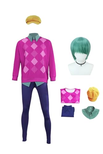 Tittaty Hunters Cosplay Costume Baby Saja Outfits with Green Wig Long Sleeved Plaid Shirt Fake Collar Half Shirt Pants Beret Anime Idol Costume Halloween