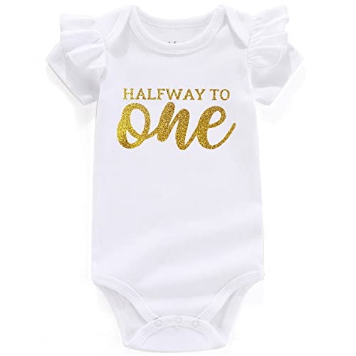 shlrzy Half Way To One 1/2 Birthday Baby Girl'S Clothes With Ruffles Funny Baby Girl Bodysuit White 6-9Months