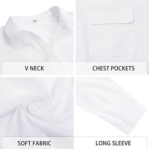 Womens Casual Button Down Long Sleeve Shirts V Neck Roll Up Cuffed Sleeve Work Solid Blouse Tops With Pockets,White Medium #TOP3