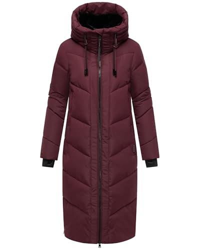 MARIKOO Damen Wintermantel warmer Steppmantel lang mit verstellbarer Kapuze und hohem Kragen Nadaree XVI Wine Gr. XL
