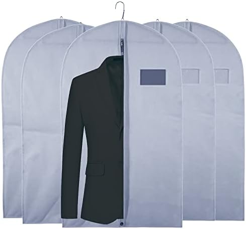Goal Winners Breathable Clothes Cover Storage Bags Dress Garment Cover Dust Proof Moth Protector Suit Travel Coat Bag With Full Length Zipper, 60cm x 100cm - 5 Pack (Grey)