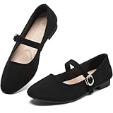 Waluzs Ballet Mary Jane Flats Shoes Women Suede Black Flats Dress Shoes for Women Comfortable Ladies Office Flats with Ankle Strap (Black,US9)