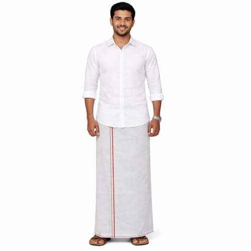 Image of Pure Cotton Dhoti for Men (1.28 x 1.87 m) | Solid Panchalu with Varied Small Color Border | Kerala Cotton Veshti, Khadi Dhoti | Lightweight Pooja & Temple Wear
