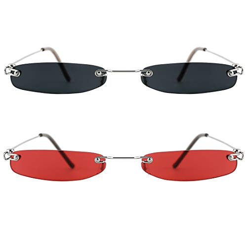 Slocyclub Vintage Rectangle Skinny Sunglasses for Women Men, Retro Small Thin Sunglasses, Rimless Trendy Sunglasses