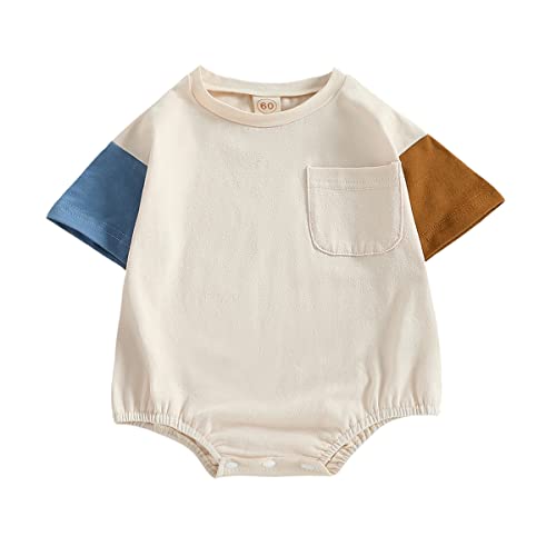 Twopumpkin Baby Bubble Romper Newborn Boy Girl Oversized Color Block Short Sleeve Onesie Summer Clothes Cute Outfits (Pocket Blue Brown,0-3 Months)