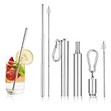 2 Pack Collapsible Reusable Straw, Telescopic Stainless Steel Metal Straw with Carry Case & Cleaning Brush, Keychain Portable Drinking Straw Set for Travel