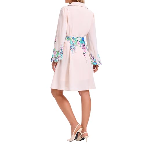 Image of Women Long Sleeve Spring Button Down A-Line Floral Print Summer Cocktail Shirt Dresses with Belt