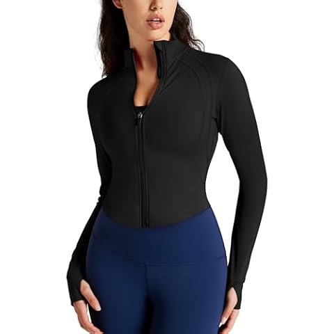 QUEENIEKE Women's Cropped Workout Jackets - Zip Up Long Sleeves Athletic Yoga Slim Fit BBL Running Jacket with Thumb Holes (Black, Medium) Cover