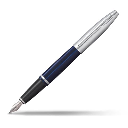 Image of Cross Calais Chrome & Blue Refillable Fountain Pen - Medium Point, Black Ink, Smooth Writing, Presented in a Luxury Gift Box