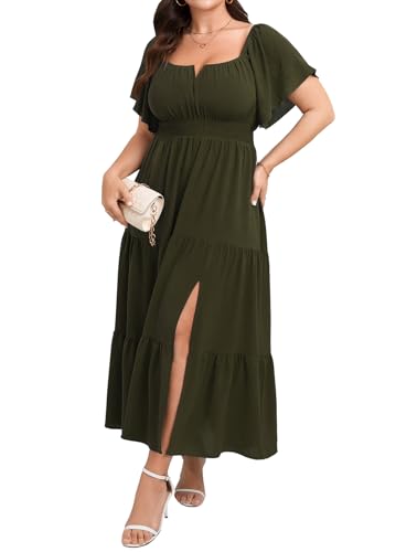 Image of SCOMCHIC Womens Plus Size Maxi Dress Formal Short Sleeve Square Neck Smocked Side Split Flowy A Line Tiered Long Dress
