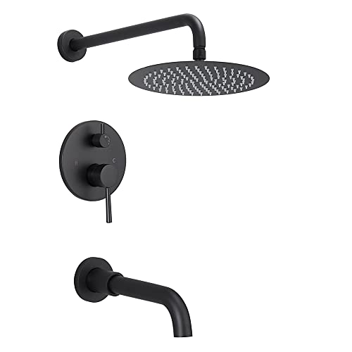 Conjunto de grifería para ducha con sistema de ducha redonda de 10 pulgadas de lujo, cabezal fijo de lluvia, mezcladora para bañera, montaje en pared, acabado negro mate miniatura 1