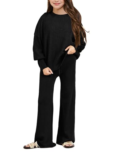 Image of Haloumoning Girls 2 Piece Outfits Kids Long Sleeve Crewneck Sweater Drawstring Wide Leg Long Pants Sweatsuits Sets 5-14T