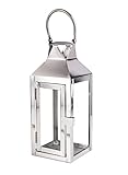 Serene Spaces Living Small Silver Square Glass & Metal Lantern, Modern Crown Top Stainless Steel Candle Holder, Wedding Aisle, Holiday, Party Decor, Table Centerpiece, 4.5' Diameter & 10.25' Tall