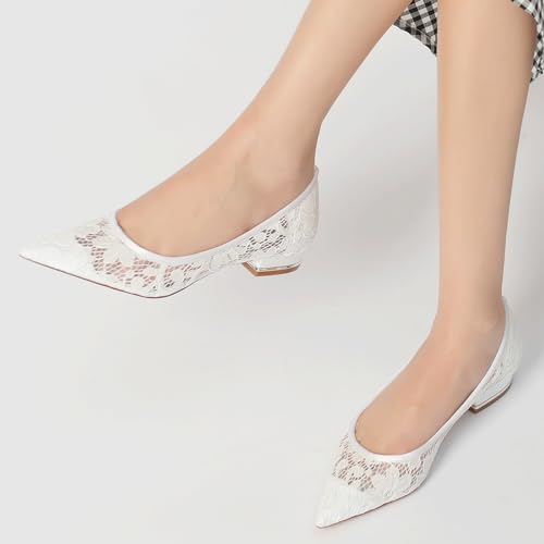 Ballerines mariée en maille dentelle blanche avec talon bas - 2