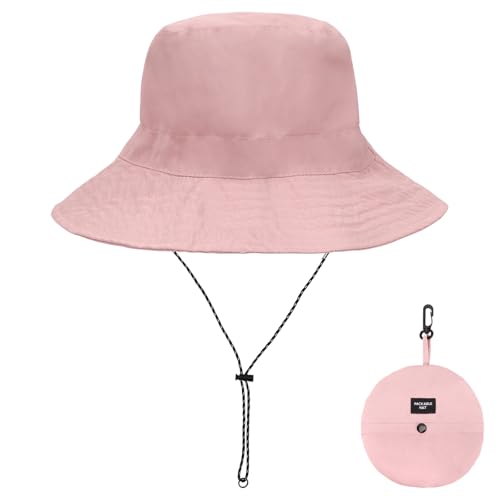 Supcomsta Bucket Hats, Packable Bucket Hat with String, Wide Brim Ring Buckle Sun Hat for UV Protection Women Men Beach Fishing Camping (AU, Alpha, One Size, Pink)