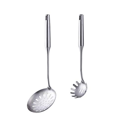 1 Skimmer Spoon and 1 Spaghetti Spoon, BUY&USE 2 Pcs Stainless Steel Cooking Utensils Set, Heat-resistant Kitchen Gadgets Tools