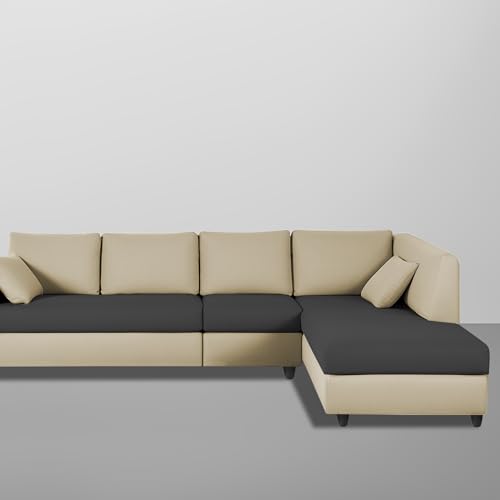Image of Florian RHS 6 Seater L Shape Sofa Set for Living Room (Cream Black Fabric) Premium Fabric Sofa