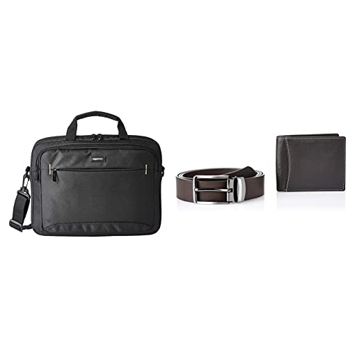 Image of AmazonBasics 14-Inch Tablet Bag, Black and Amazon Brand - Solimo Genuine Leather Men's Wallet & Belt Combo set (100-39)