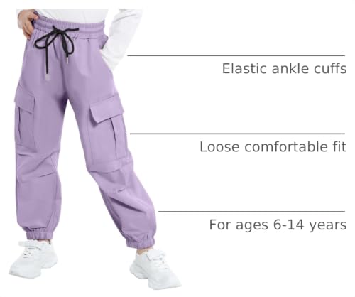 Image of JiAmy Girls Cargo Pants Elastic High Waist Drawstring Pants Jogger Trousers Casual Loose with Pockets 6-14Y