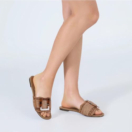 Image of ZJGZF Raffia Sandals for Women Buckle Straw flats Woven Braided Rattan Slides Summer Beach Sandals Comfort Cute Shoes